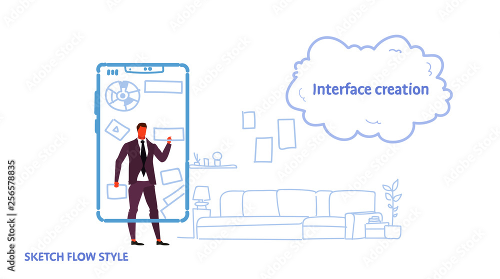Poster business man developer using mobile application interface creation development concept business man 