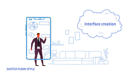 business man developer using mobile application interface creation development concept business man touching smartphone screen sketch flow style horizontal
