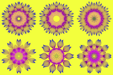 Set of Vector With Mandala Pattern. Repeating Sample Figure And Line. Modern Decorative Floral Color Mandala. Yellow purple color
