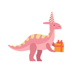 Cute Dinosaur in Party Hat Holding Gift Box, Funny Colorful Dino Character, Happy Birthday Party Design Element Vector Illustration
