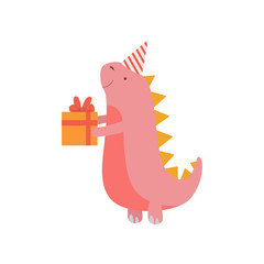 Dinosaur in Party Hat with Gift Box, Cute Colorful Dino Character, Happy Birthday Party Design Element Vector Illustration