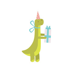 Cute Dinosaur in Party Hat with Gift Box, Green Dino Character, Happy Birthday Party Design Element Vector Illustration