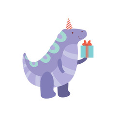 Cute Dinosaur with Gift Box, Funny Colorful Dino Character in Party Hat, Happy Birthday Party Design Element Vector Illustration