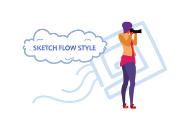 woman photographer taking picture with camera girl journalist reporter shooting concept female cartoon character full length sketch flow style horizontal