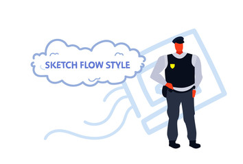 police man in uniform male policeman cop security guard cartoon character full length sketch flow style horizontal