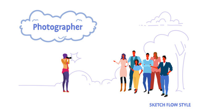 photographer taking a picture of business people group standing together and posing for photo landscape background full length sketch flow style horizontal
