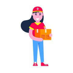 Fast delivery girl character flat style design vector illustration. Delivery woman with the box in her hands. Symbol of delivery company. Fast and free.