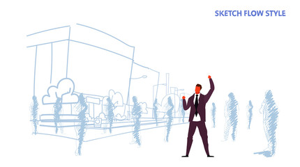 businessman excited holding hands up raised arms business man standing out people crowd silhouettes winner success concept cityscape background sketch flow style horizontal