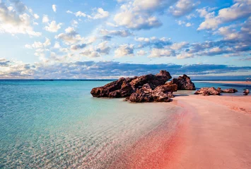 Photo sur Plexiglas  Plage d'Elafonissi, Crète, Grèce Horizon de Crète. Plage d& 39 Elafonissi avec du sable rose contre le ciel bleu avec des nuages en Crète, Grèce