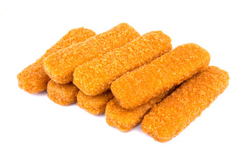 Fish fingers isolated on white background. Frozen fish sticks.
