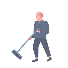 man cleaner sweeping floor cleaning service worker in dark uniform holding broom professional occupation concept male cartoon character concept flat isolated