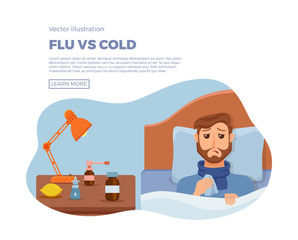 Sick men in bed with the symptoms of  cold, flu. Cartoon vector character on pillow with blanket and scarf, medicine, lemon, thermometer. Illustration of unhealthy guy with a high fever, headache.