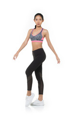 Fototapeta premium Asian Tan Skin Fitness woman exercise wear pink dark tiger skin boxing suit gear warm up white background, studio lighting copy space isolated, concept Woman Can Do Sport