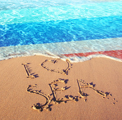 Beach sand, sea and flag Thailand. I love Thailand concept