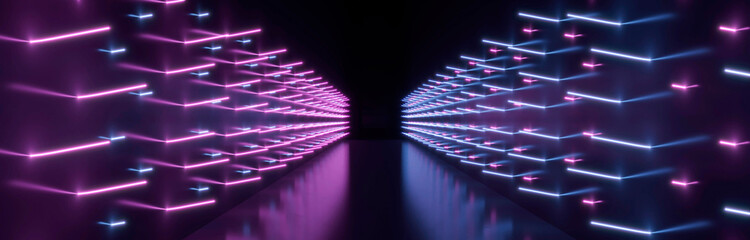 3D rendering Neon lights background. Bright neon lines background. Intelligence artificial. Abstract illustration. Connection structure. Big data center. 