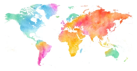 Rolgordijnen Hoge gedetailleerde Multicolor aquarel wereldkaart met randen. © okufner