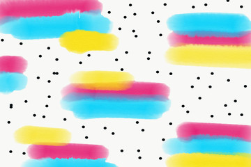 Abstract watercolor background with pink, yellow and turquoise brushstrokes, spots and divorces, with black dots and white background for design and decoration.
