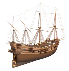 Sailing wooden old ship. 3d illustration isolated on white