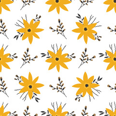 Flowers and leaves hand drawn seamless pattern. Sketch for wrapping paper.