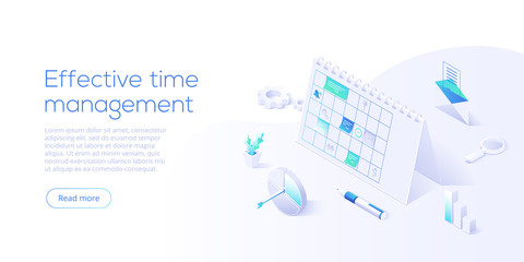 Effective time management isometric vector illustration. Task prioritizing organization for effective  productivity. Job schedule optimization concept. Web banner layout template.
