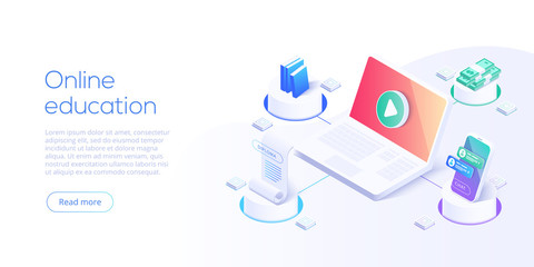 Online library or ebook concept vector illustration in isometric design. Internet education or  distance training and learning courses on educational platform. Website banner layout template.