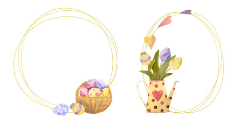 Watercolor drawn set with elements of happy easter. Frame, rabbit, eggs, isolated on white. for greeting card or logo
