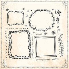 Hand drawn doodle line border frame elements set