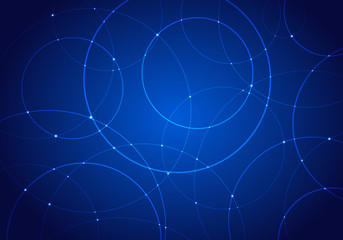 Abstract technology futuristic style circles and light dots glowing on dark blue background.