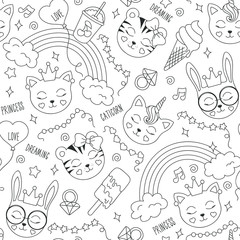 Cute animals pattern on a white background. Fashion illustration drawing in modern style for clothes. Tiger, cat, bunny. Black and white abstract outline seamless pattern.
