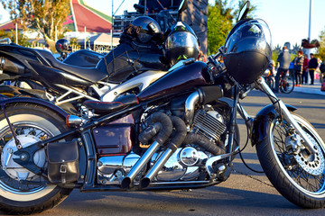 Several motorcycles parking on the road. Select focusing background.