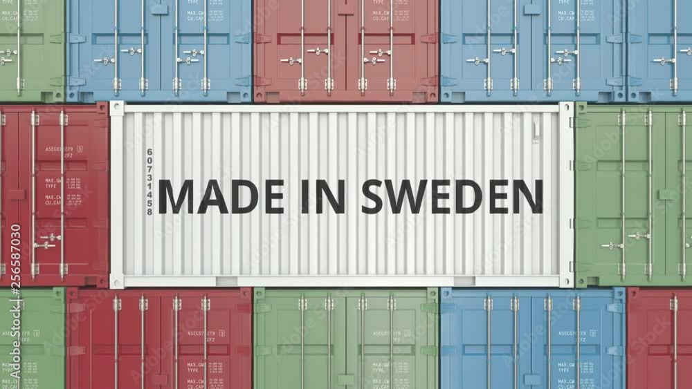 Poster cargo container with made in sweden text. swedish import or export related 3d animation