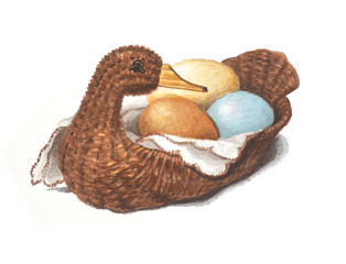 Three colorful eggs in a basket in the shape