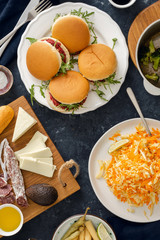 Summer party food top view various food table flat lay