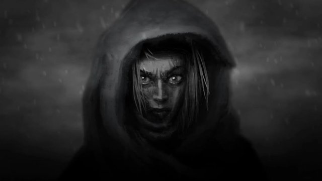 Beautiful warrior girl face in hood with an angry look. Fluttering hair in wind. Animation in horror fantasy genre. Animated 4K video clip. Motion graphics with demonic character for spooky Halloween.