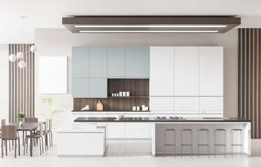 Modern spacious kitchen interior with island. Kitchen design concept. 3D illustration.