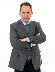 Half body portrait of happy confident middle aged businessman isolated on white background