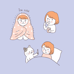 Cartoon cute girl sick and cat vector.