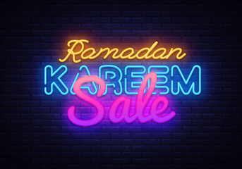 Fototapeta na wymiar Ramadan Kareem sale neon design. Ramadan Holiday discounts vector illustration design template in modern trend style, neon style, light banner for shop, nightly bright advertising discounts