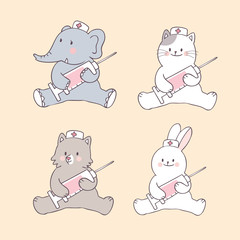 Cartoon cute animals and needle vector.