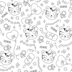 Cute tiger pattern on a white background. Black and white abstract outline seamless pattern. Drawing for kids clothes, t-shirts, fabrics or packaging. Panda, ice cream, note, beads, star, ring.