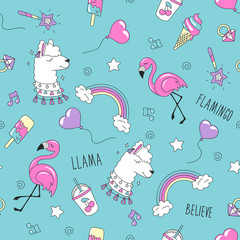 LLama and flamingo pattern on a pink background. Colorful trendy seamless pattern. Fashion illustration drawing in modern style for clothes. Drawing for kids clothes, t-shirts, fabrics or packaging