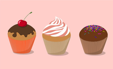 Three cupcake: cupcake with cherry, cupcake with cream, cupcake with chocolate