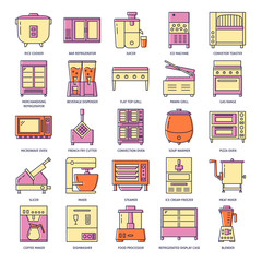 Professional kitchen equipment icon set in colored line style