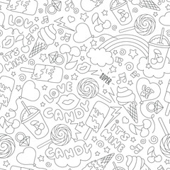 Sweets seamless pattern on a white background. Black and white abstract outline seamless pattern. Fashion illustration drawing in modern style for clothes. Drawing for kids clothes or packaging