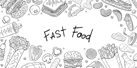 Horizontal banner with different fast food elements on white background for cafe menu