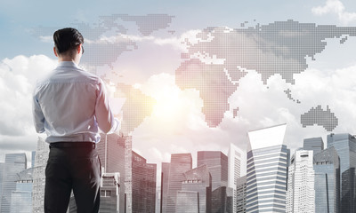 Concept of business success and control with confident boss against cityscape background