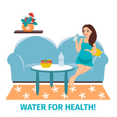 Drinking water. Pregnant happy woman with a glass. The concept of drinking clean water. Healthy lifestyle. Advertising bottles. Break on the couch in the living room. Vector flat style illustration