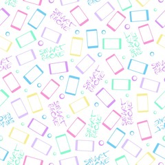 Mobile phones on a white background. Seamless pattern with colorful smartphone. Vector illustration.