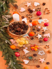 Christmas table setting with glass objects. Cozy home interior decor. Abstract geometric shape of glass.