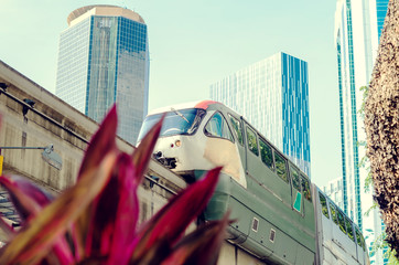 Mono rail train running across the big city. Urban beauty of a metropolis.